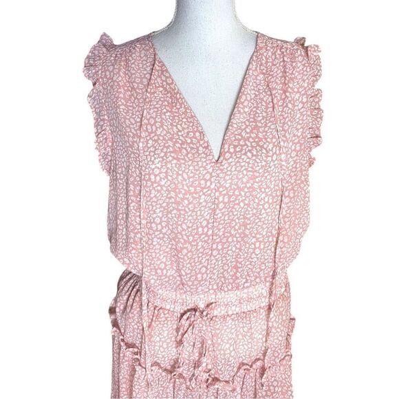 Pinch Womens Pink White Leopard Tie V-Neck Ruffle Sleeve Tiered Mini Dress Large - Picture 2 of 6